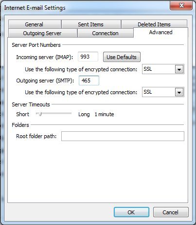 Outlook Internet email settings advanced